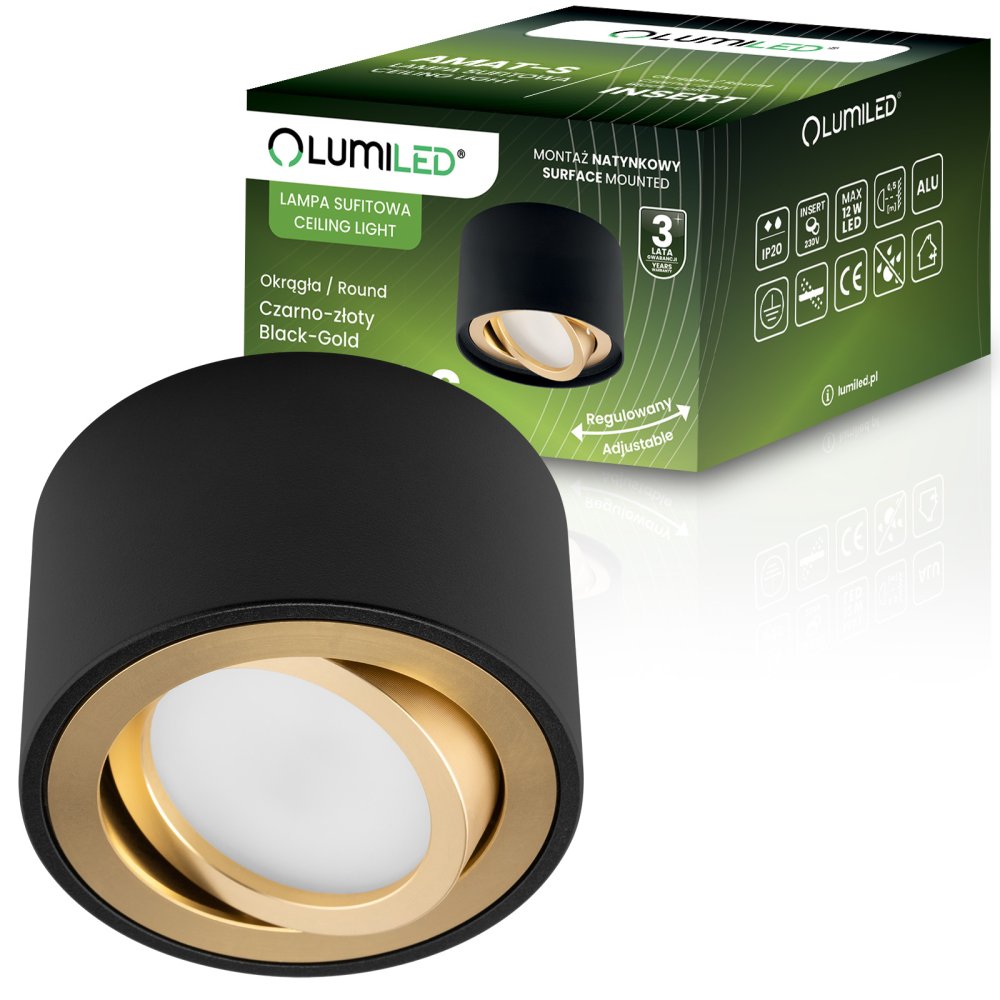 E-shop Nadstenné halogénové svietidlo spot tuba pohyblivé okrúhle čierno-zlaté 50mm AMAT-S LUMILED