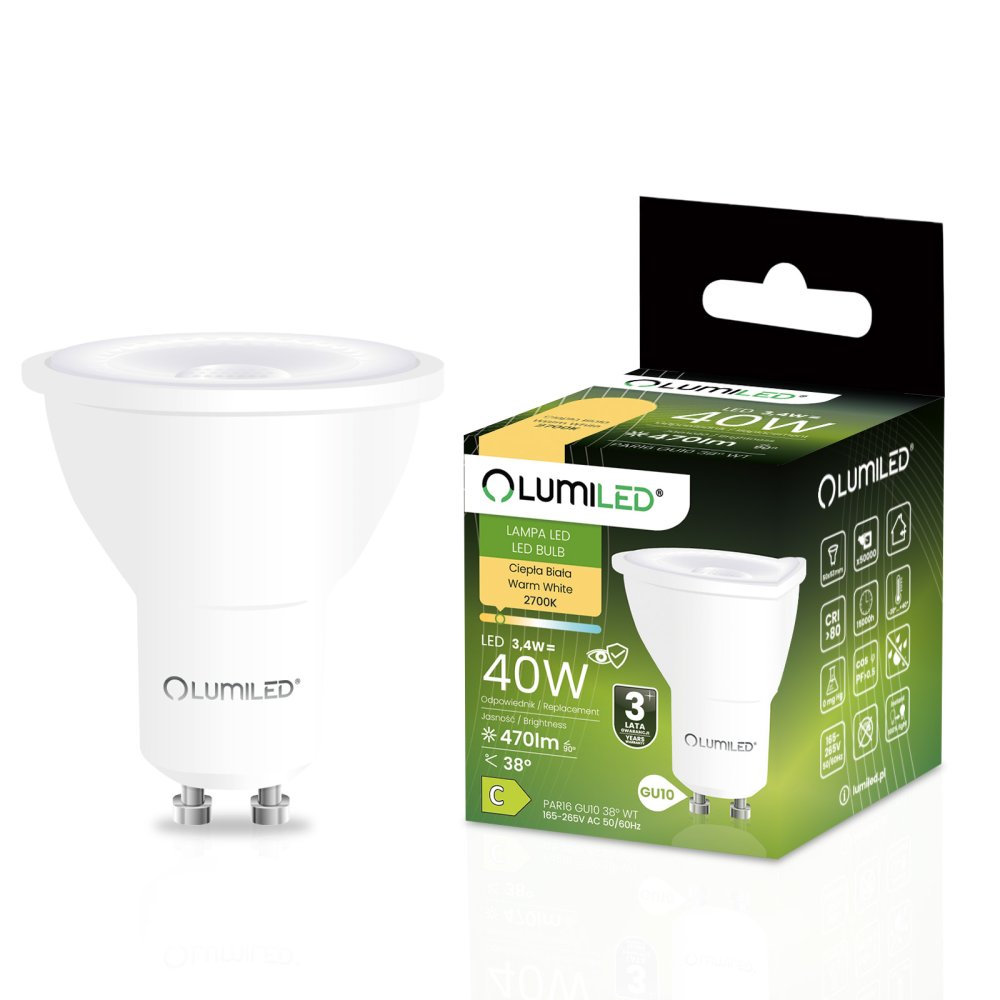 E-shop LED žiarovka GU10 reflektor PAR16 3, 4W = 40W 470lm 2700K teplá 38° LUMILED