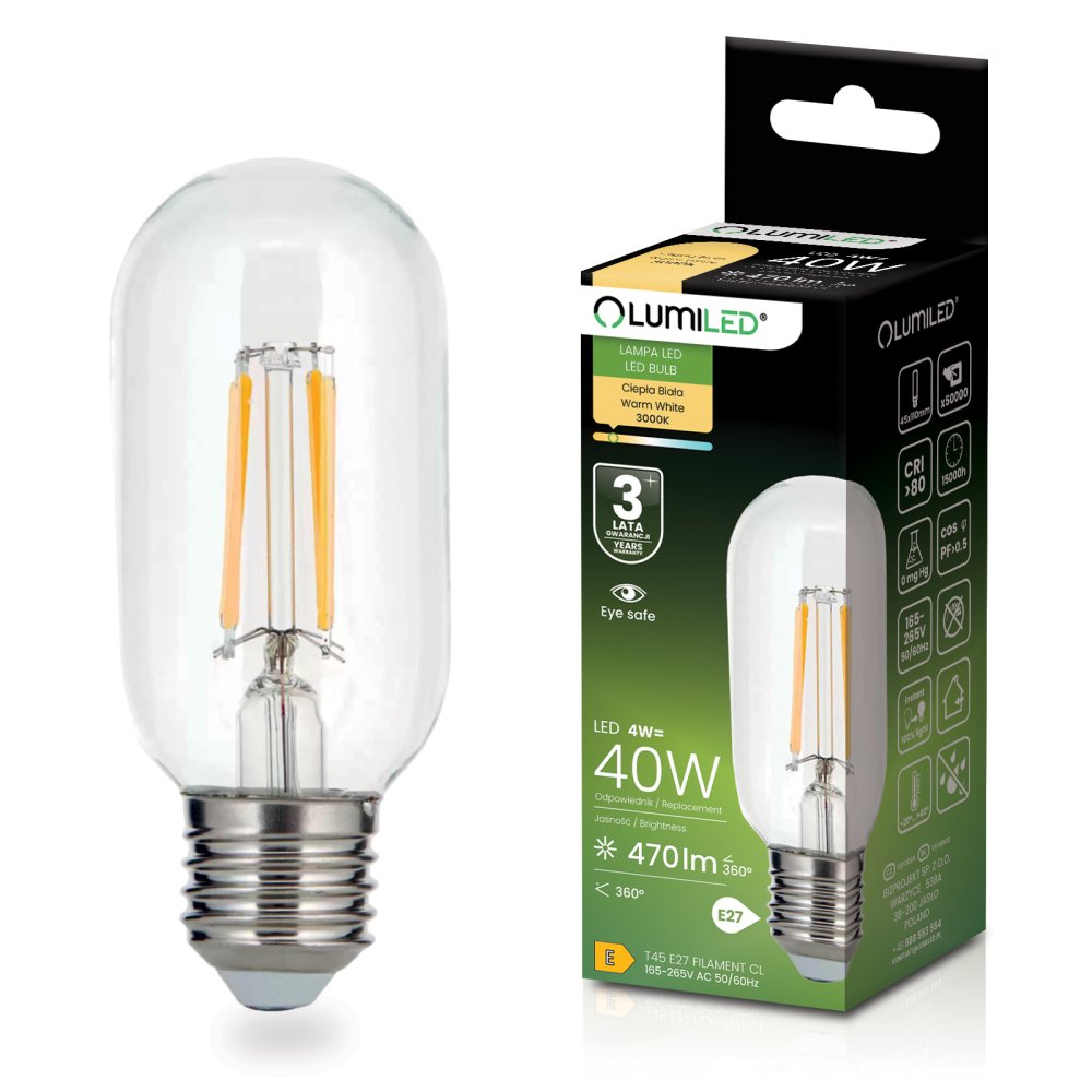 E-shop LED žiarovka E27 T45 FILAMENT 4W = 40W 470LM 3000K teplá 360° dekoratívna LUMILED