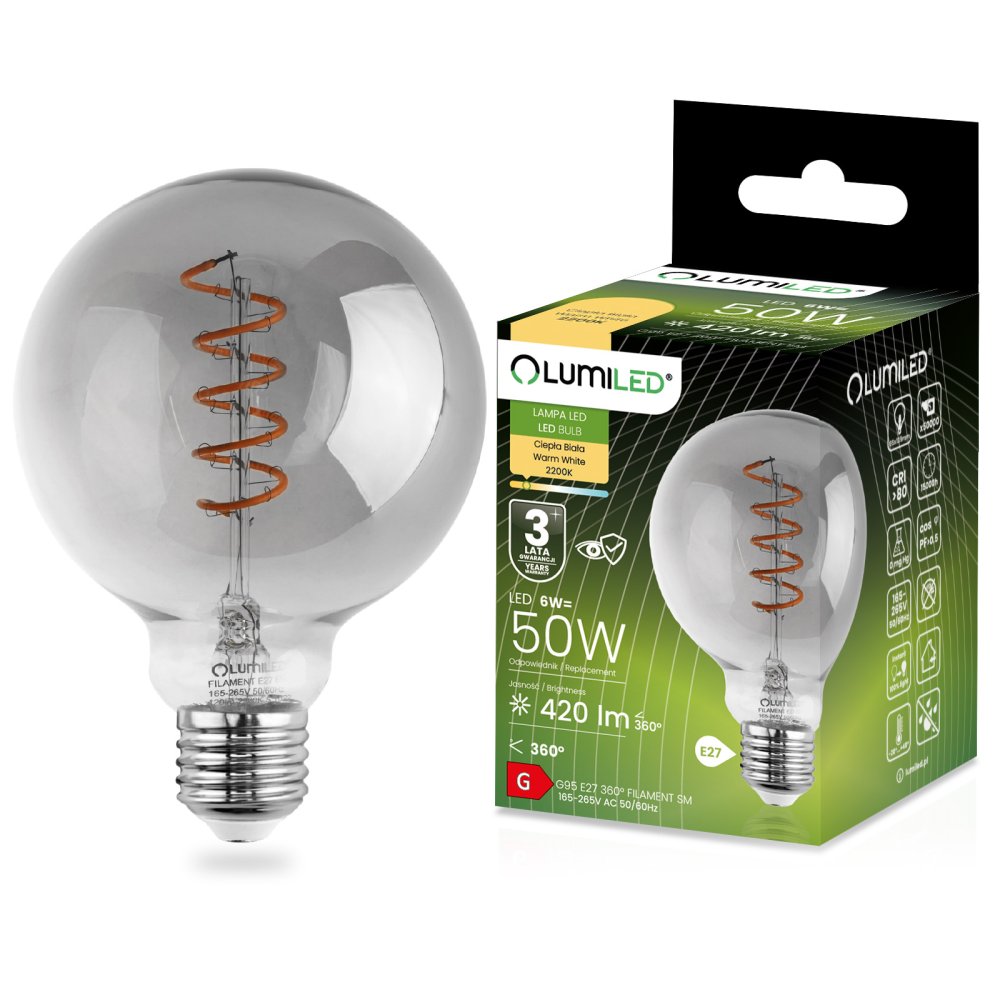 E-shop Dekoratívna LED žiarovka E27 G95 6W = 50W 420lm 2200K Teplé 360° vlákno LUMILED GLOBE Smokey
