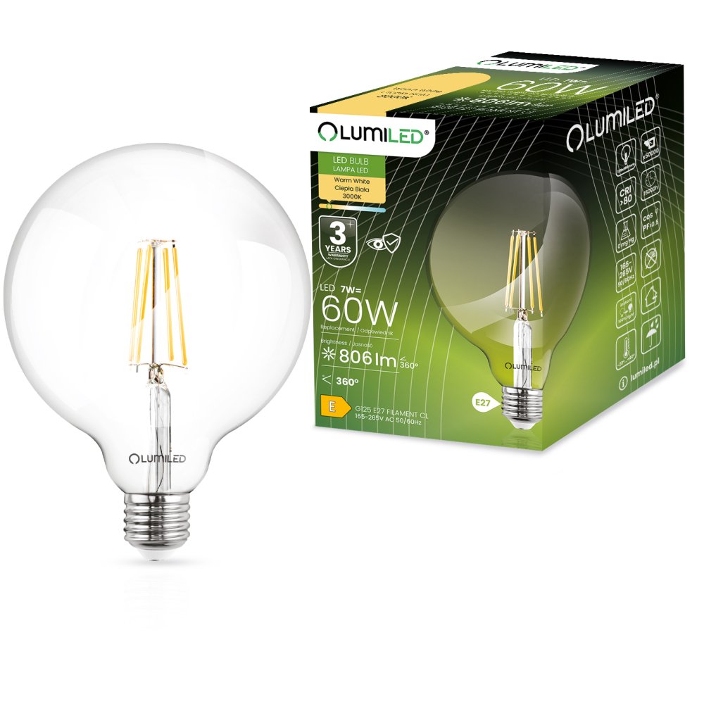 E-shop Dekoratívna LED žiarovka E27 G125 7W = 60W 806lm 3000K teplá 360° žiarovka LUMILED globe