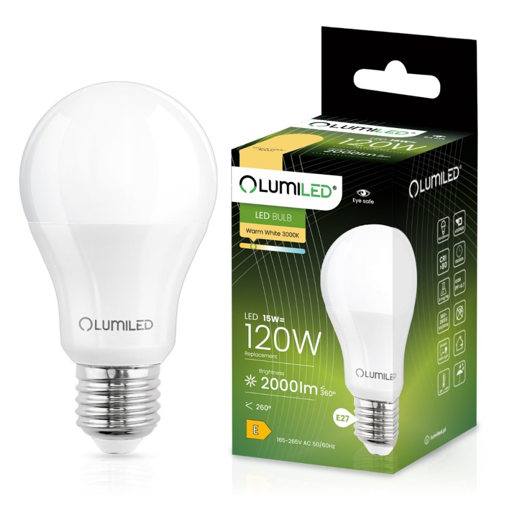 LED žiarovka E27 A65 15W = 120W 2000lm 3000K Warm 260° LUMILED
