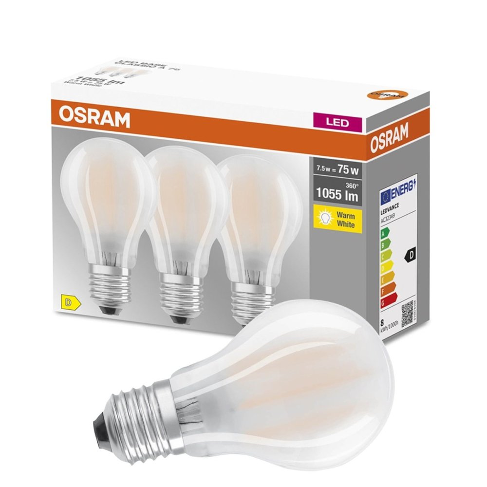 3PAK LED žiarovka E27 A60 7,5W = 75W 1055lm 2700K Warm 300° Filament OSRAM BASE