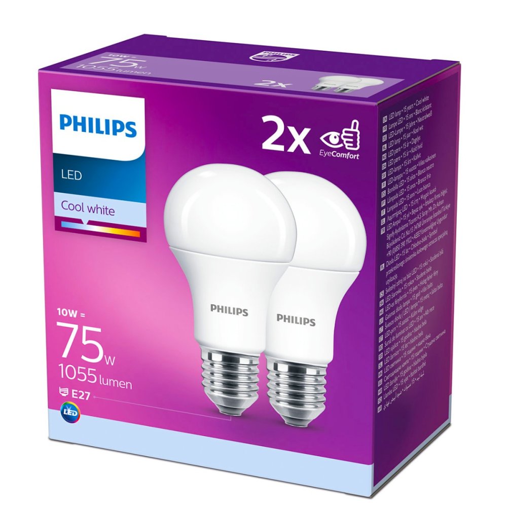 2PAK LED žiarovka E27 A60 10W = 75W 1055lm 4000K Neutrálna 200° PHILIPS