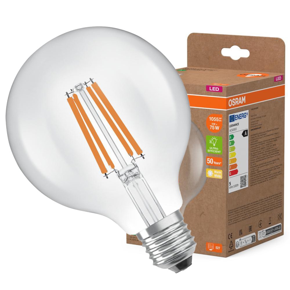 LED žiarovka G95 Sphere E27 5W = 75W 1055lm 2700K Warm 330° Filament CLASSIC ENERGETICKÁ ÚSPORNOSŤ Osram