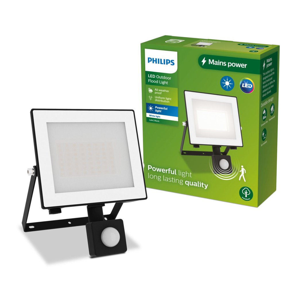 LED reflektor 30W 3200lm 3000K IP65 so senzorom pohybu a súmraku čierny Lois Philips