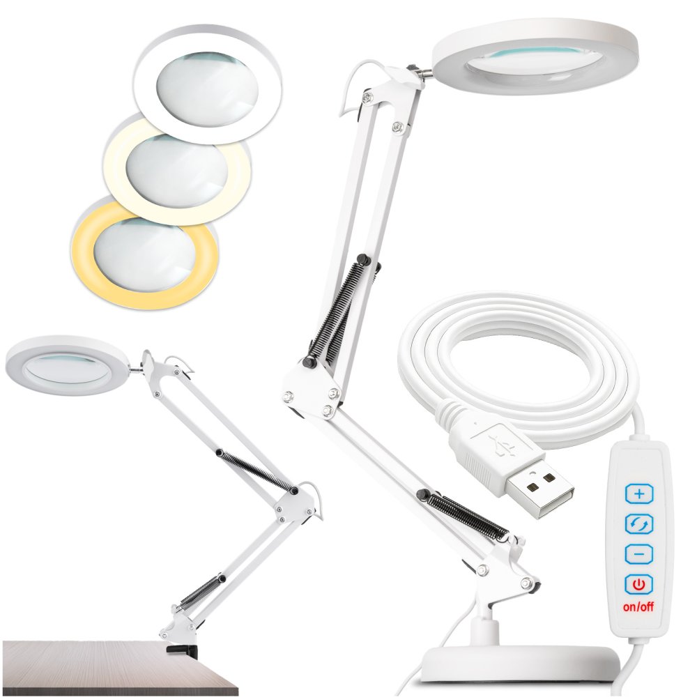 E-shop LED stolová lampa 8W CCT kresliarská 3x zväčšovacie sklo lupa LUCA 2 biela LUMILED
