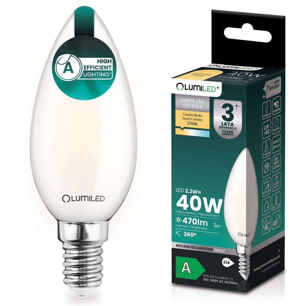 LED žiarovka E14 sviečka B35 2, 2W 470lm = 40W 2700K teplá 360° filament KLASA A LUMILED