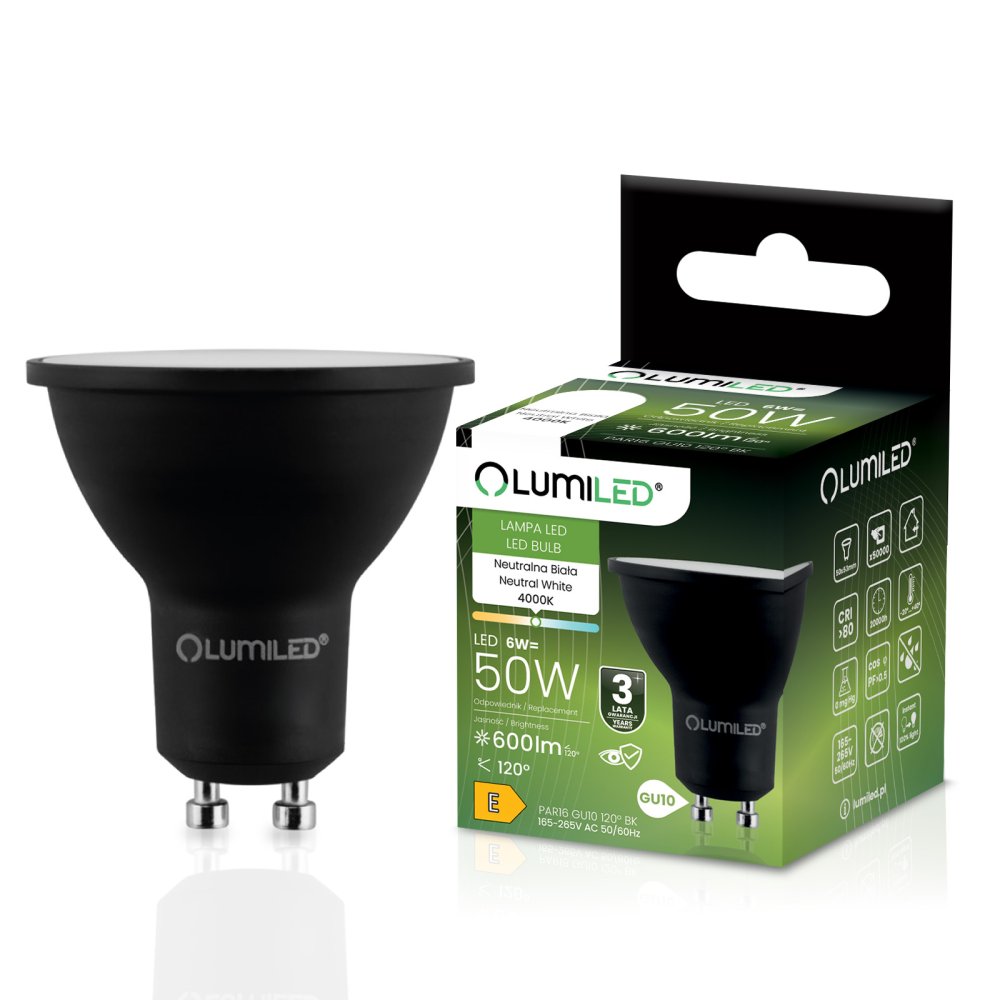 E-shop LED žiarovka GU10 reflektor PAR16 6W = 50W 600lm 4000K neutrálna 120° čierna LUMILED