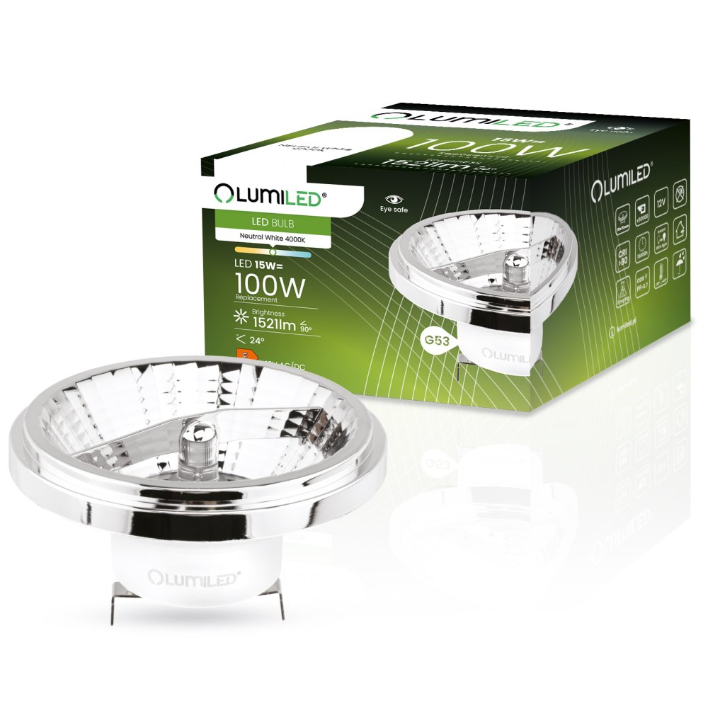 E-shop LED žiarovka G53 AR111 15W = 100W 1521lm 4000K Neutrálna 24° 12V DC Silver LUMILED