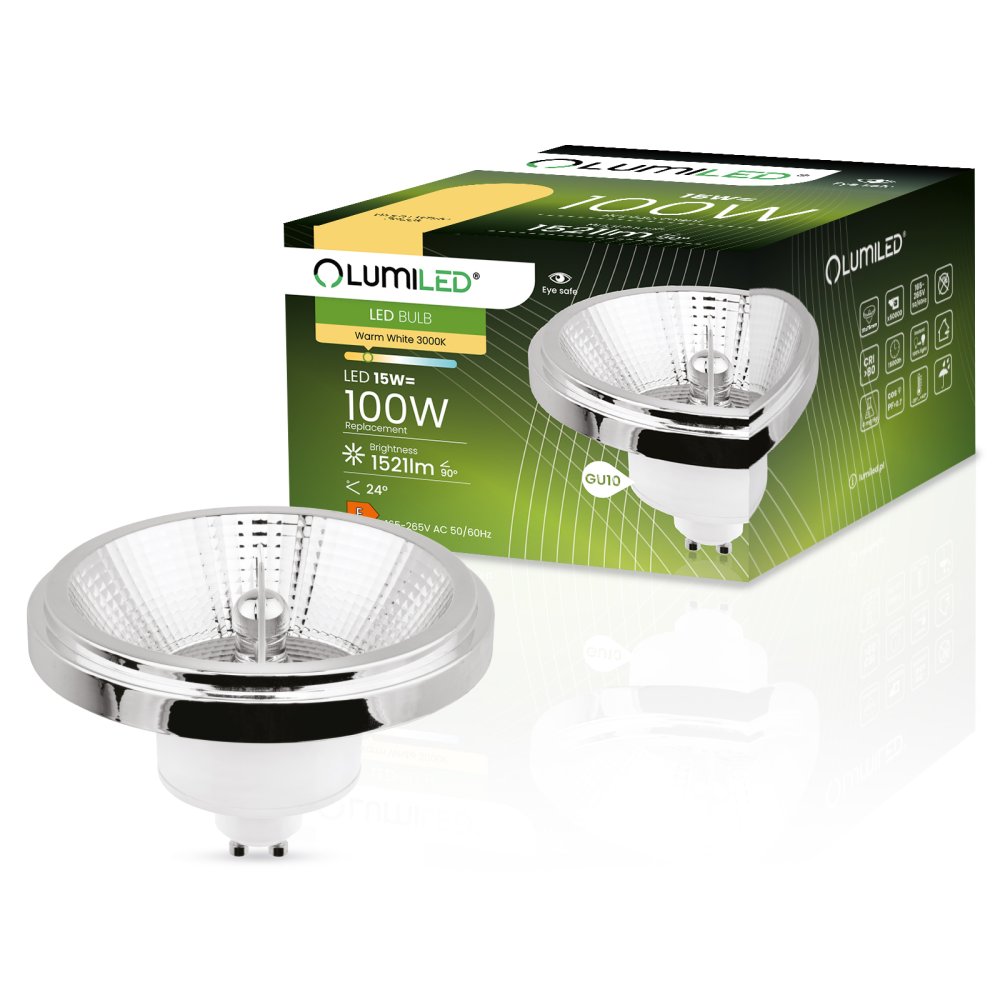 E-shop LED žiarovka GU10 ES111 15W = 100W 1521lm 3000K Warm 24° Silver LUMILED