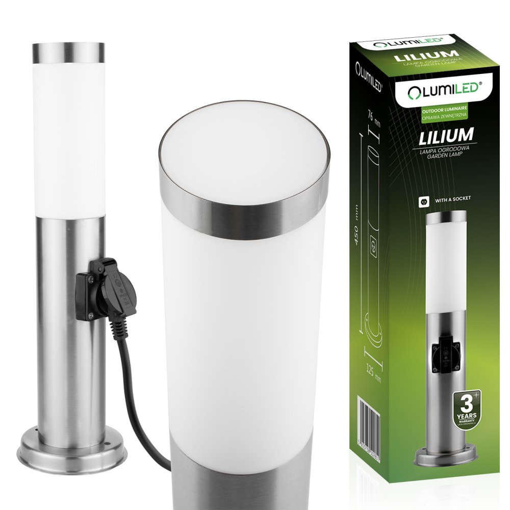 Vonkajšie záhradné svietidlo E27 INOX PIPE 45cm s 230V zásuvkou Lilium Lumiled
