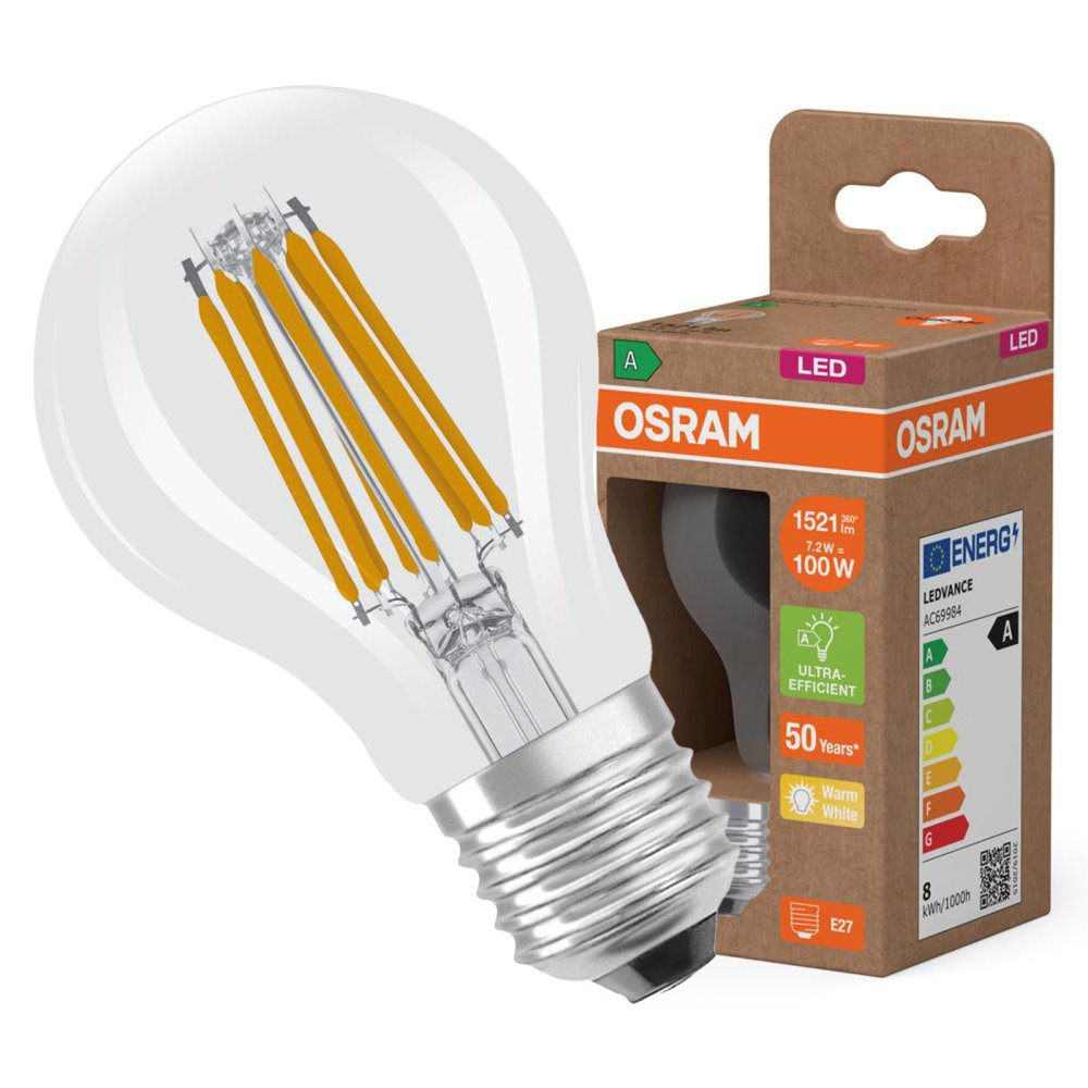 LED žiarovka A60 E27 7,2W = 100W 1521lm 2700K Warm 300° Filament CLASSIC ENERGETICKÁ ÚSPORNOSŤ Osram