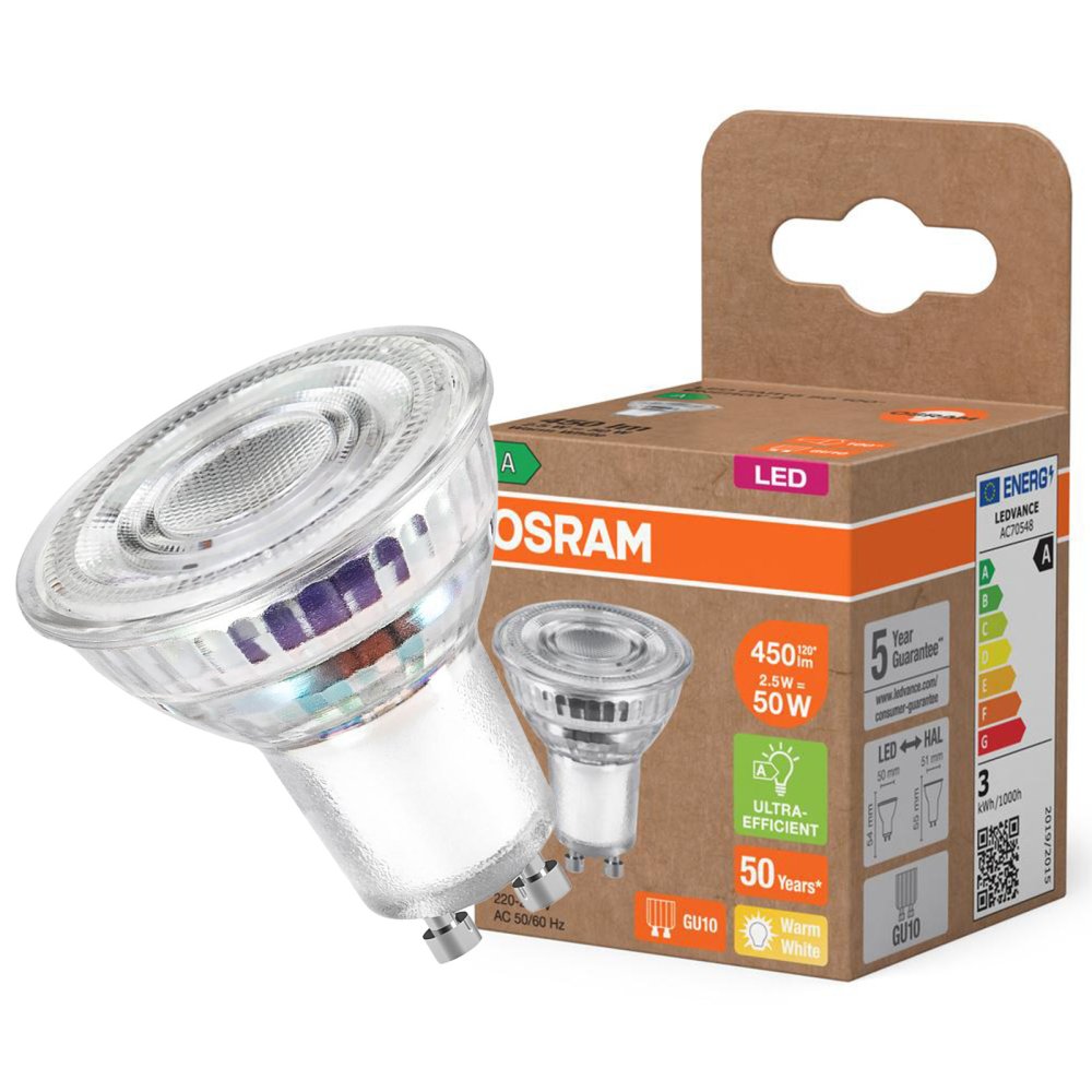 LED PAR16 Reflektor GU10 2,5W = 50W 450lm 2700K Teplá 100° 180lm/W ENERGETICKÁ ÚČINNOSŤ Osram
