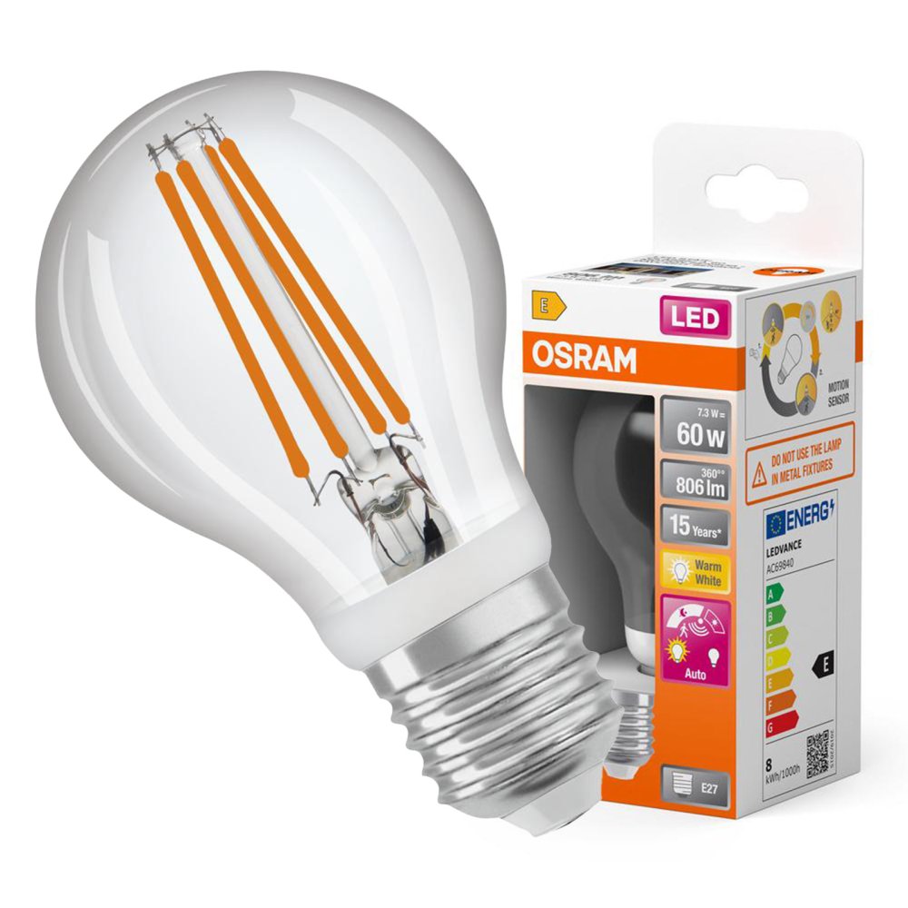 LED žiarovka A60 E27 7,3W = 60W 806lm 2700K Teplá 320° so senzorom pohybu a súmraku CLASSIC Osram