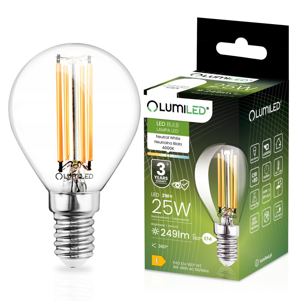 LED žiarovka E14 Ball P45 2W = 25W 249lm 4000K Neutral 360° FILAMENT LUMILED