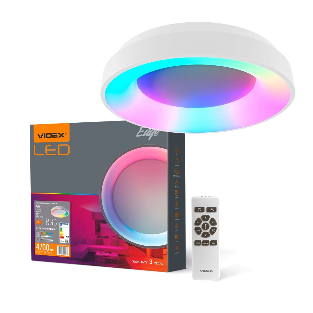 LED plafón povrchová montáž 72W 7500lm 2700-6000K CCT + RGB biela stmievateľná + diaľkové ovládanie EDGE Videx