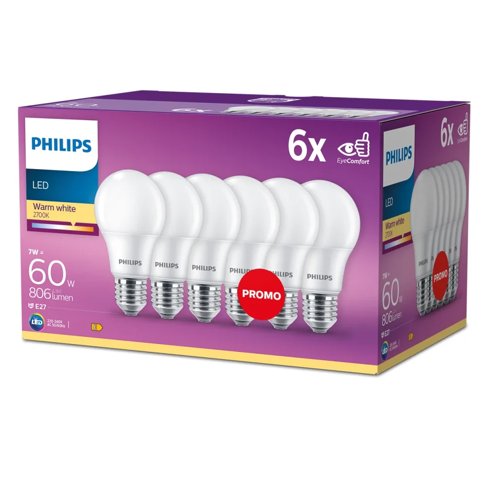 6x LED žiarovka E27 A60 7W = 60W 806lm 2700K teplá 150° PHILIPS