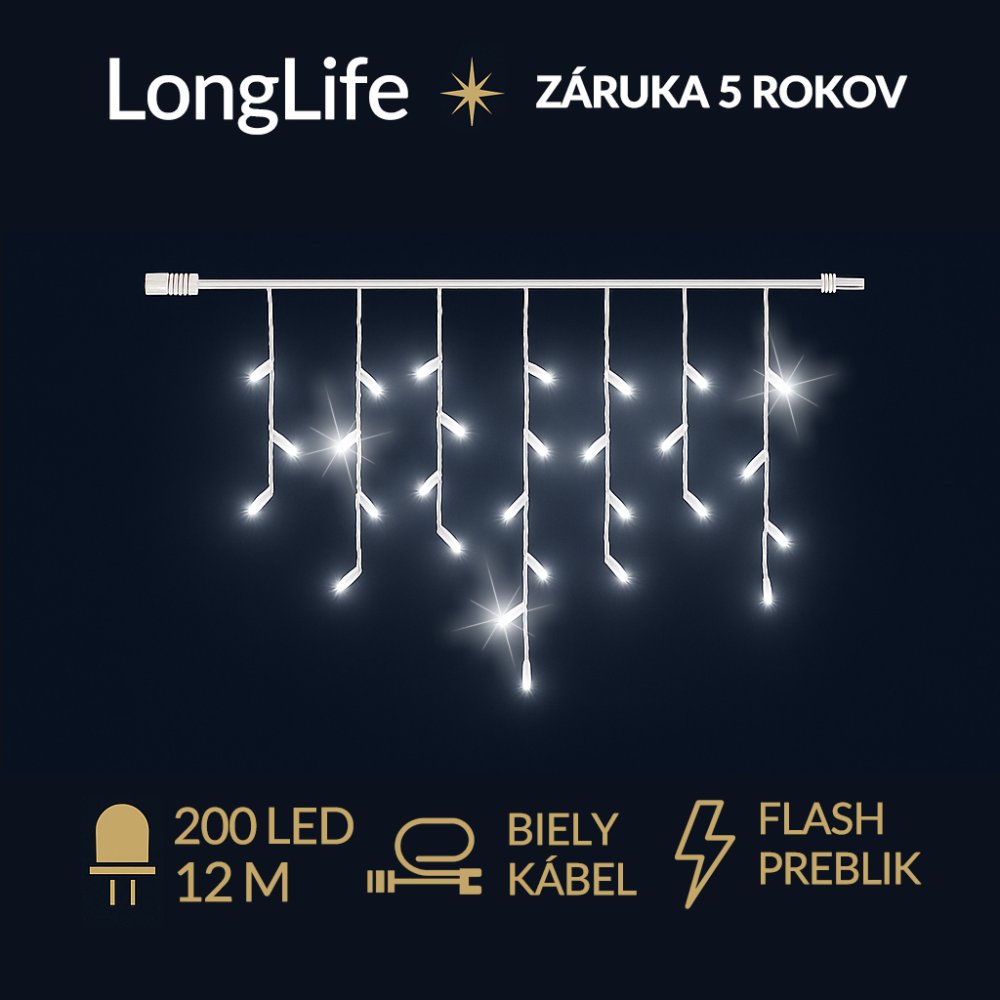 LongLife led svetelná záclona vonkajšia flash - 200led - 12m studená biela / flash prebliknutie studená biela - biely kábel