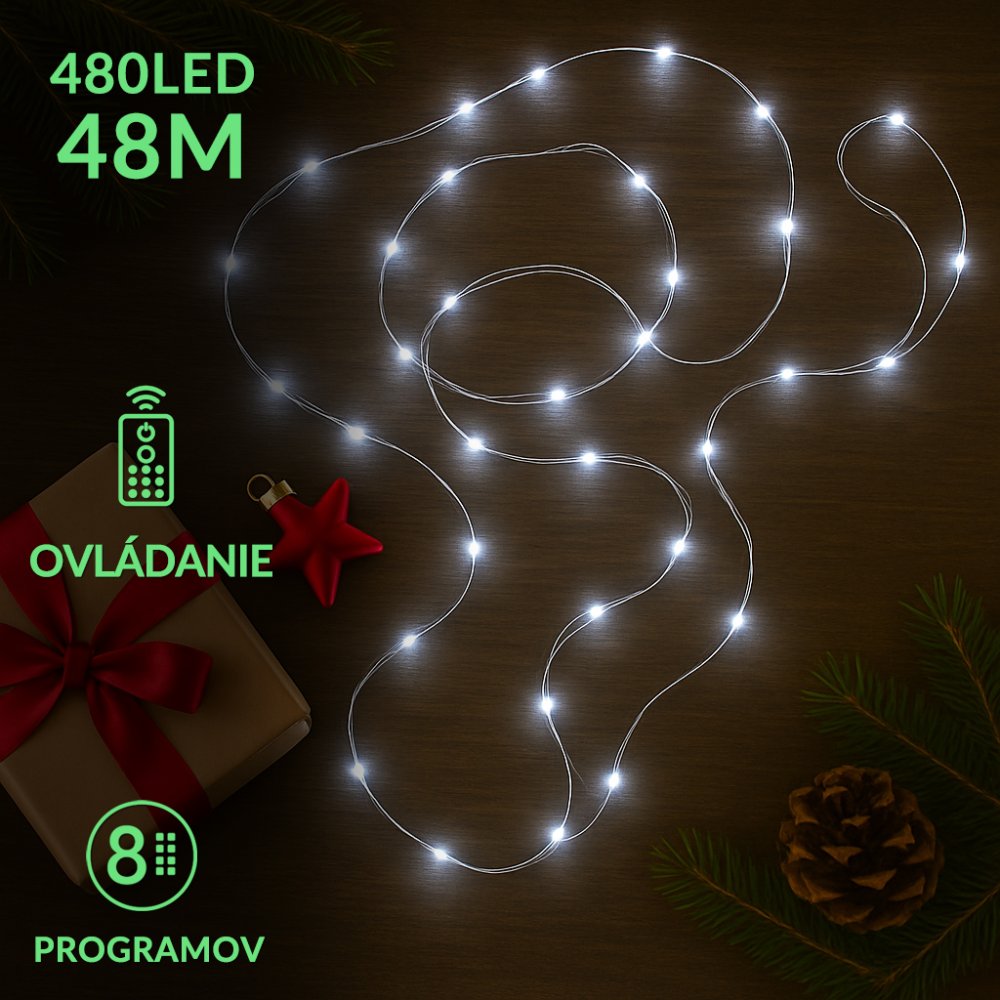 Vianočná led svetelná mikro reťaz vonkajšia + programator + diaľkové ovládanie - 480ed - 48m studená biela