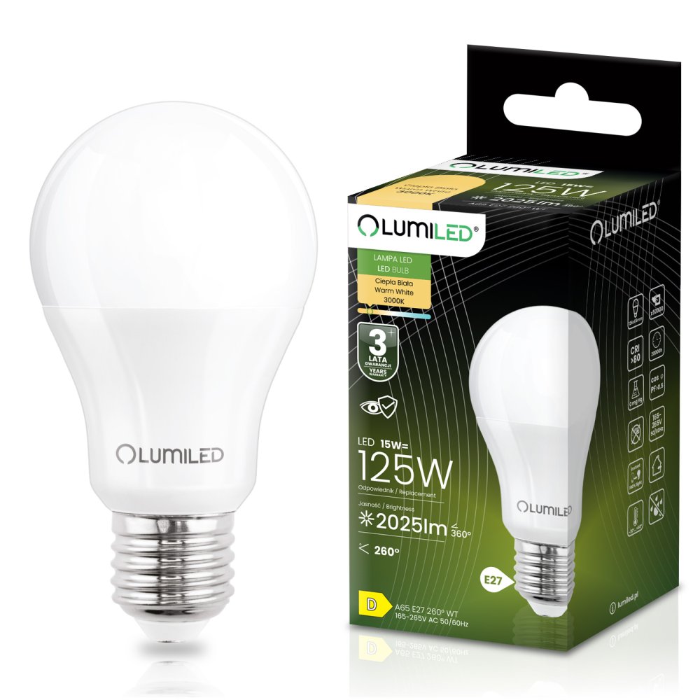E-shop LED žiarovka E27 A65 15W = 125W 2025lm 3000K teplá 260° LUMILED
