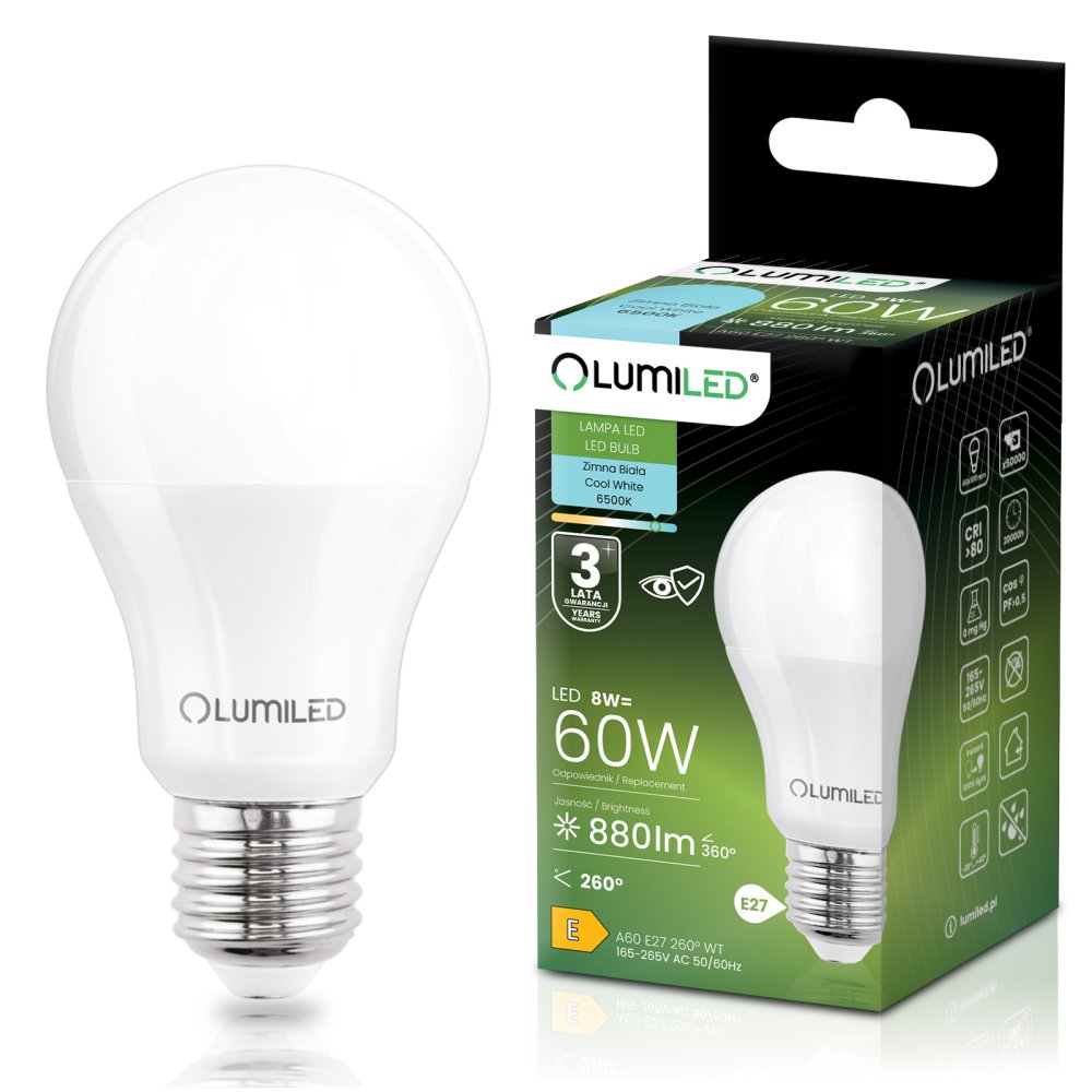E-shop LED žiarovka E27 A60 8W = 60W 880lm 6500K studená 260° LUMILED