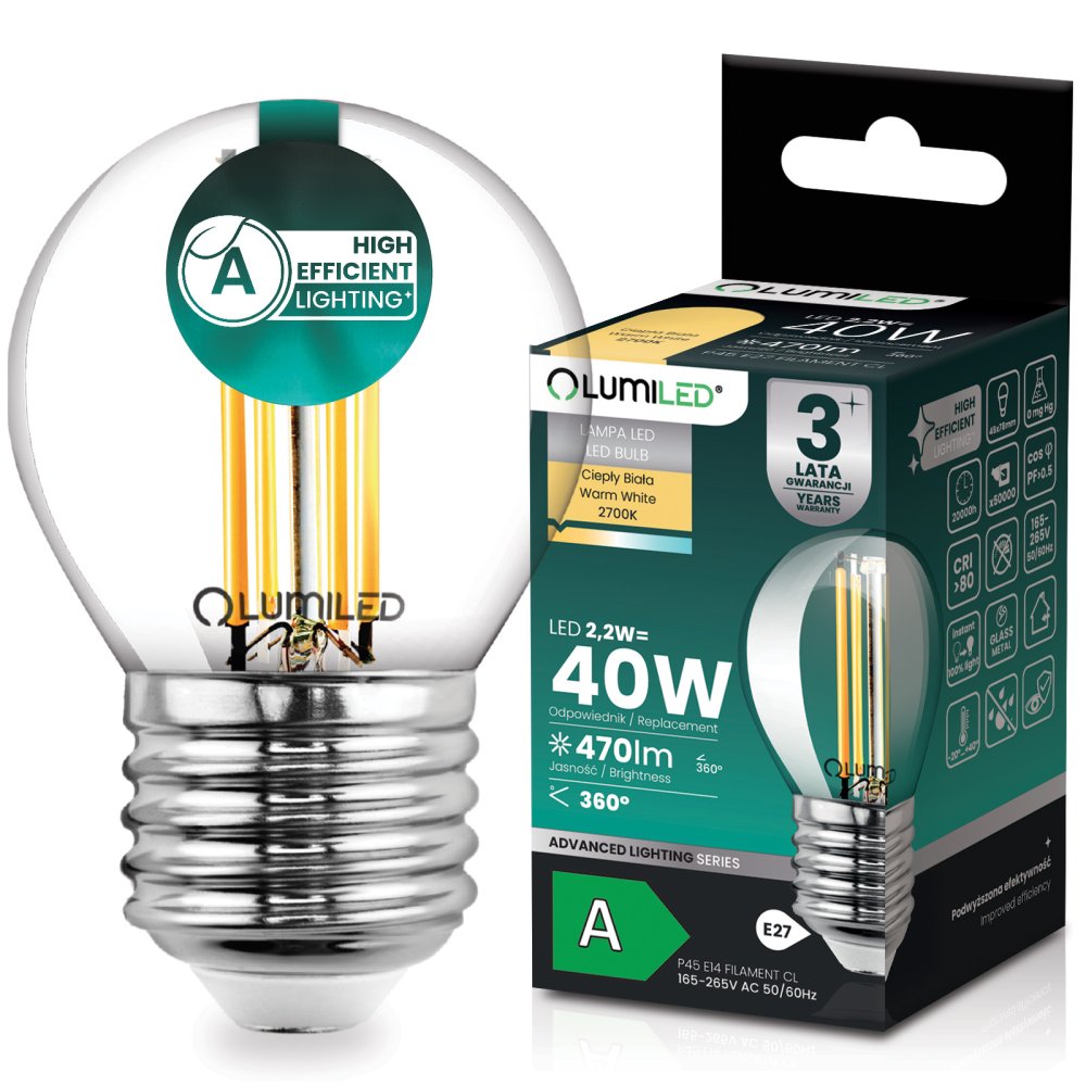 E-shop LED žiarovka E27 guľa P45 2, 2W 470lm = 40W 2700K teplá 360° filament KLASA A LUMILED