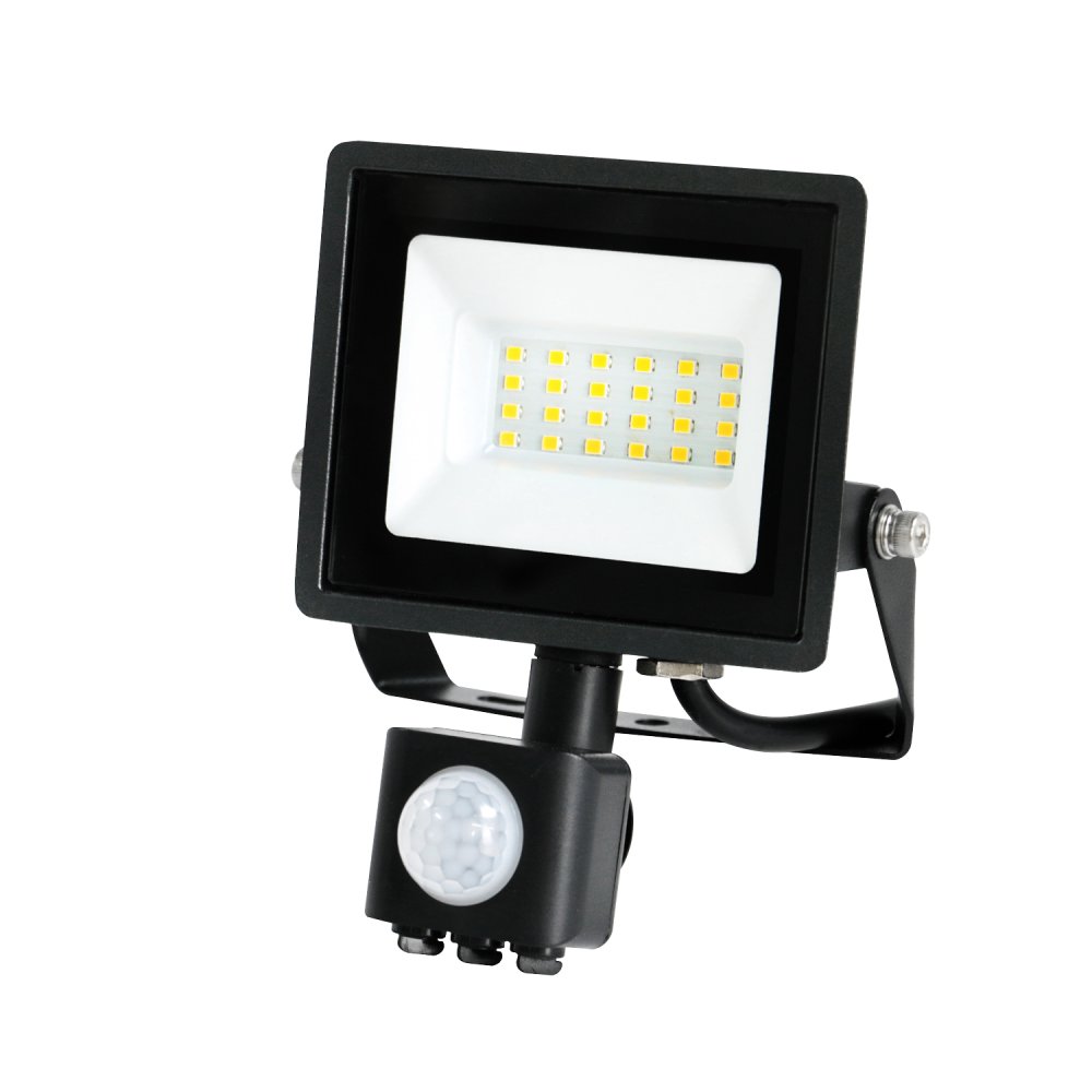 E-shop LED vonkajší záhradný reflektor 20W 1620lm 6500K studený 120° so senzorom pohybu IP44 IK05 čierny MHC Kobi