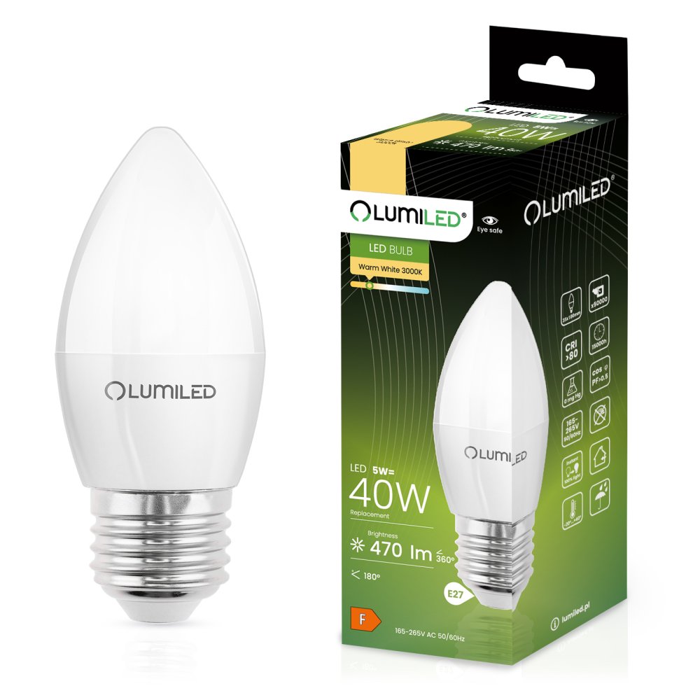 E-shop LED žiarovka E27 B35 5W = 40W 470lm 3000K Warm 180° LUMILED