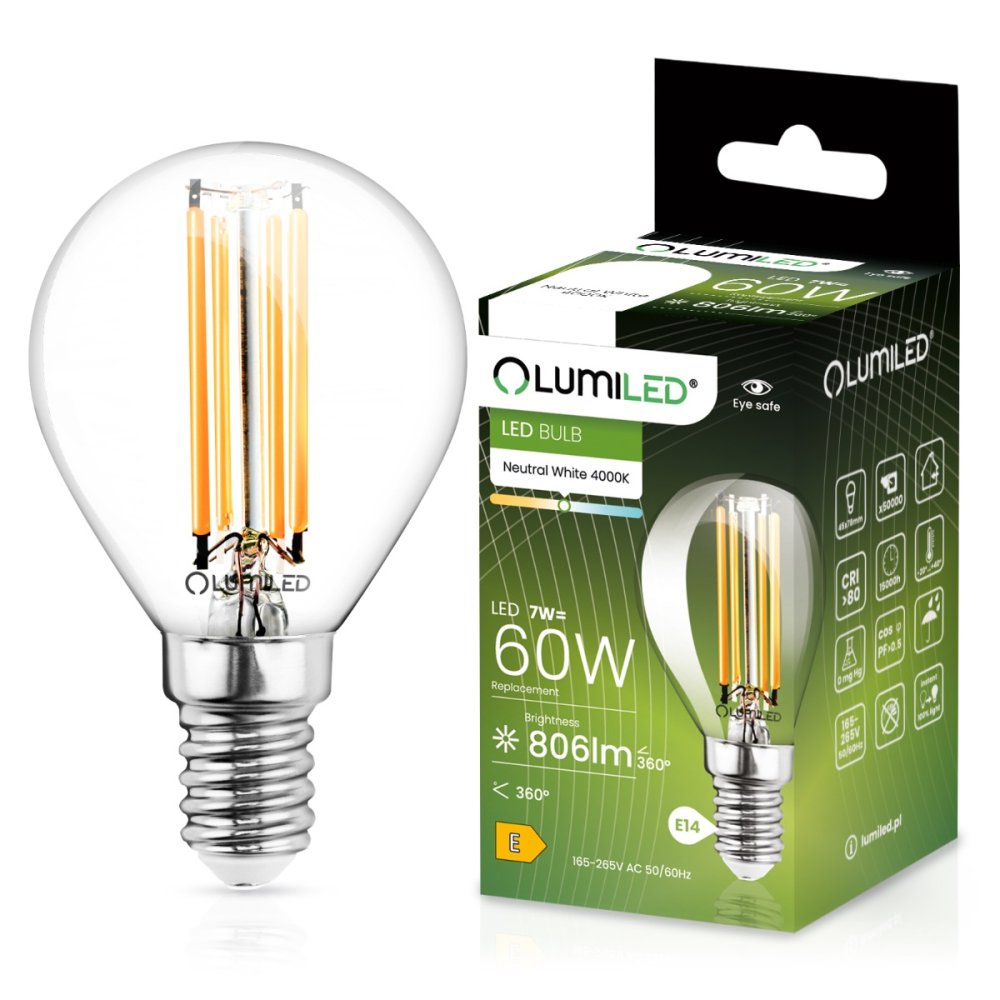 E-shop LED žiarovka E14 P45 7W = 60W 806lm 4000K Neutrálne 360° vlákno LUMILED