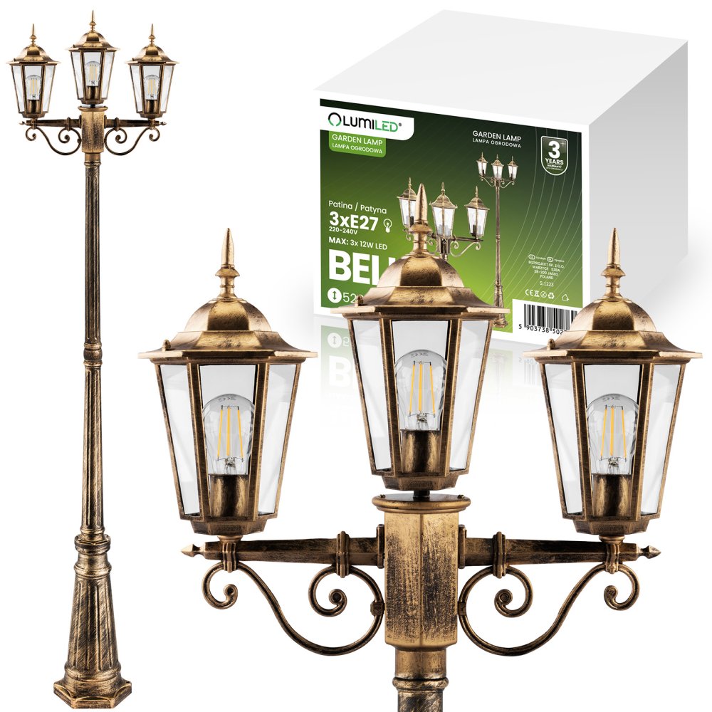 E-shop Vonkajšie záhradné svietidlo 3xE27 SQUARE 2m Patina BELLIS LUMILED