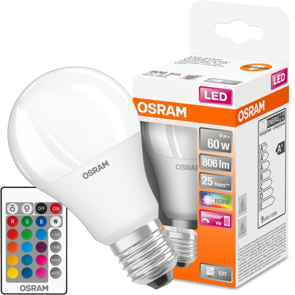 LED žiarovka E27 A60 9W = 60W 806lm RGBW 180° OSRAM Star + PILOT