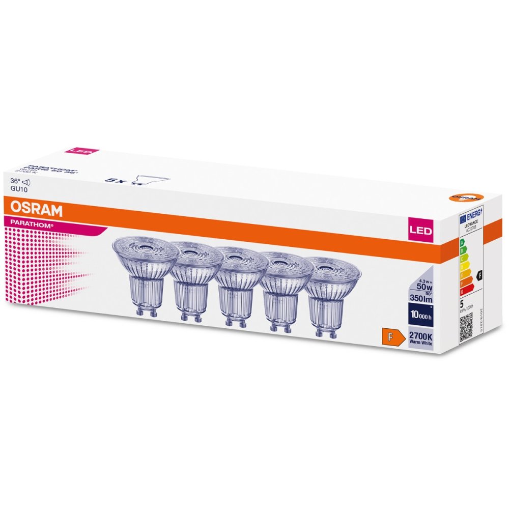 5PAK LED žiarovka GU10 4,3W = 50W 350lm 2700K Warm 36° OSRAM Parathom