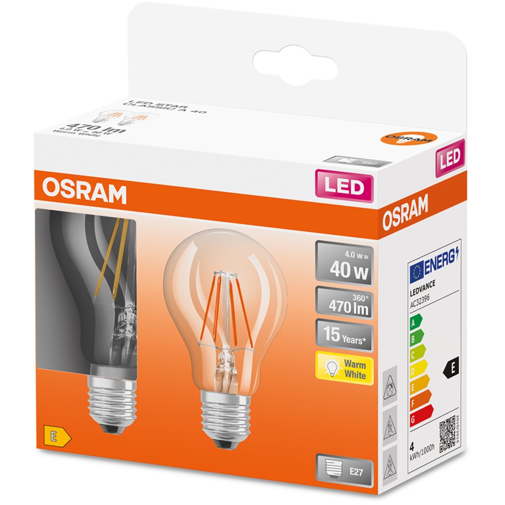 2Pak LED žiarovka E27 A60 4W = 40W 470lm 2700K 300° vlákno OSRAM STAR