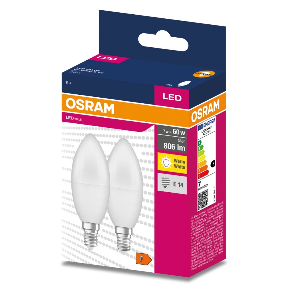 2PAK LED žiarovka E14 B35 7W = 60W 806lm 2700K Warm 220° OSRAM VALUE