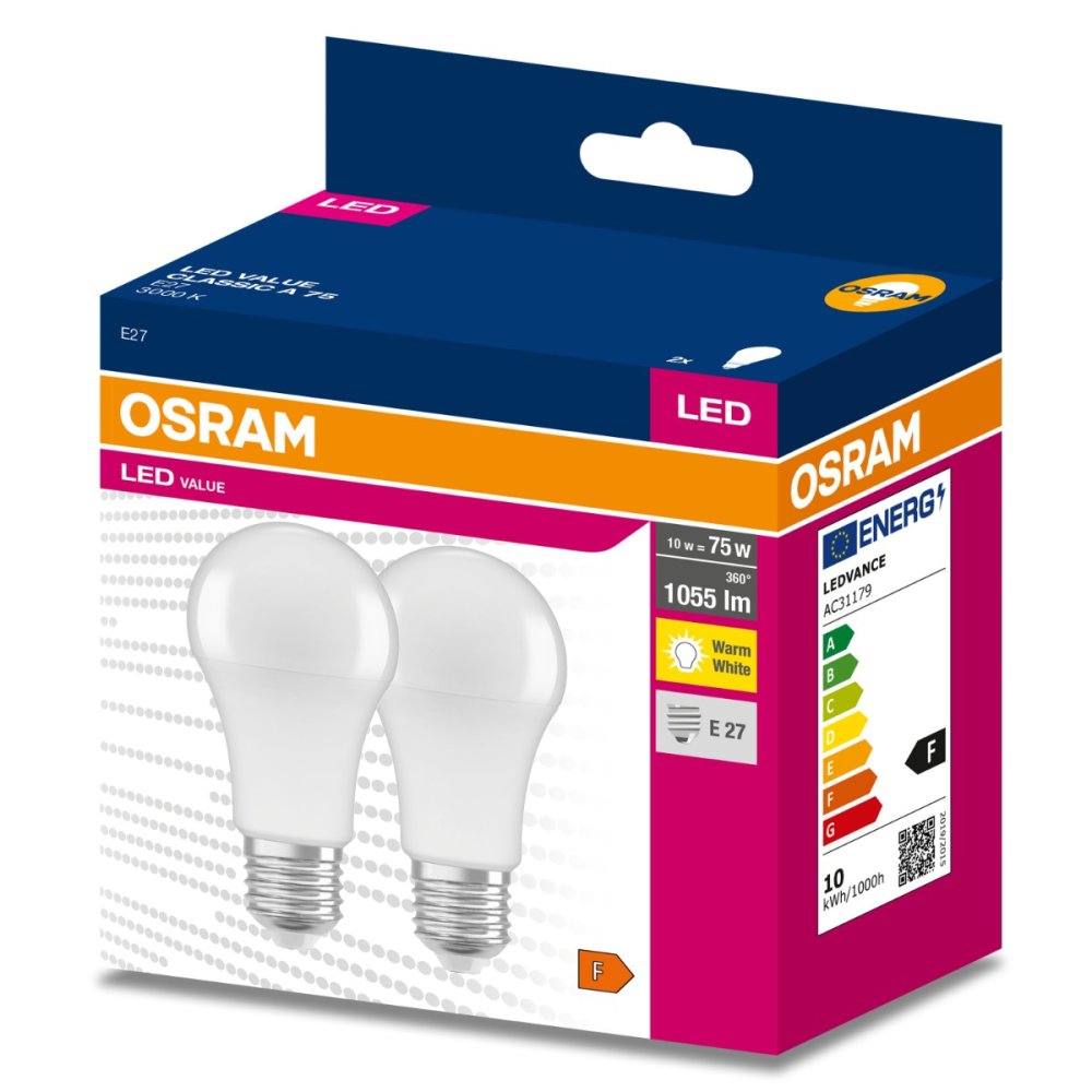 2PAK LED žiarovka E27 A60 10W = 75W 1055lm 3000K Warm 200° OSRAM VALUE