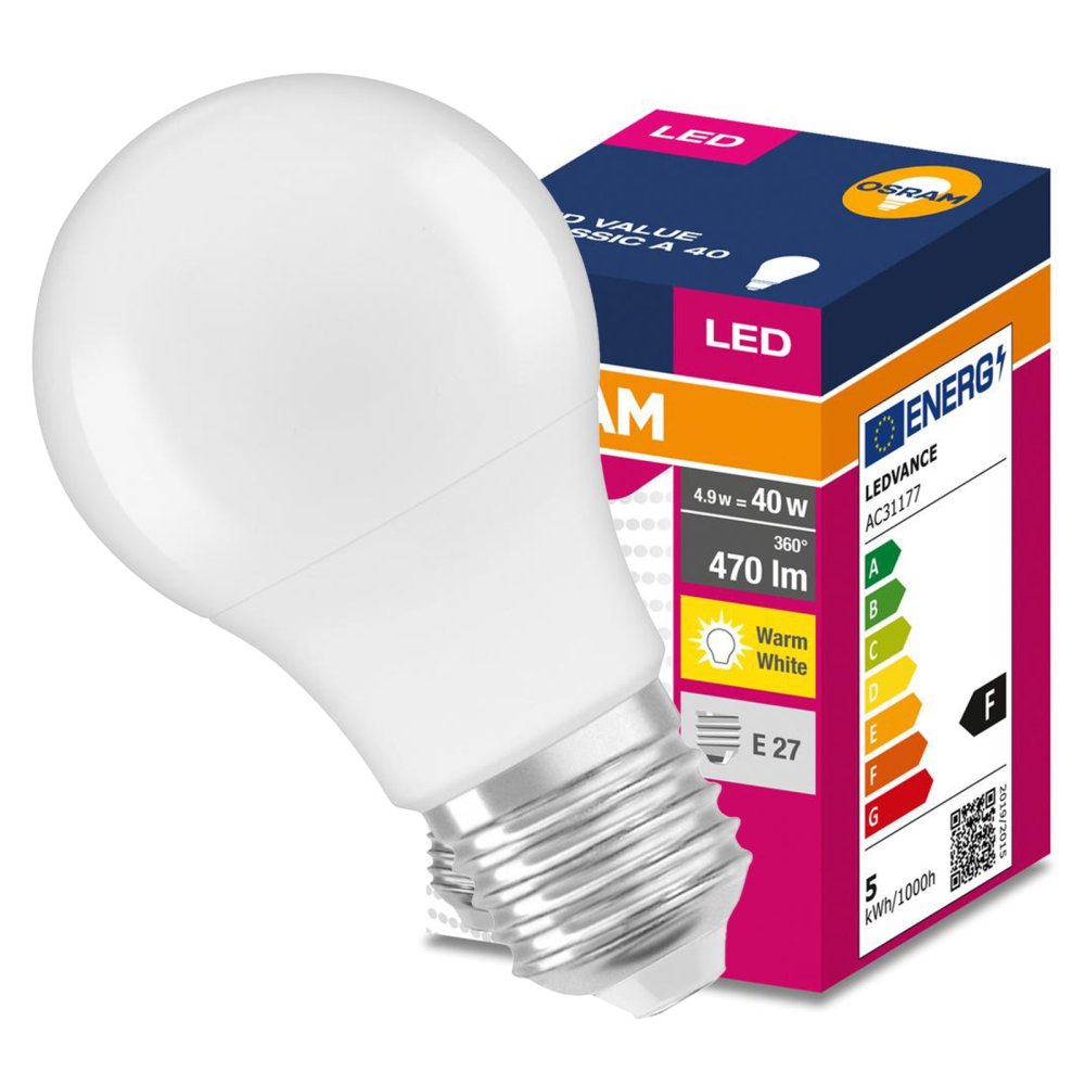 LED žiarovka A55 E27 4,9W = 40W 470lm 3000K Warm 200° VALUE CLASSIC Osram