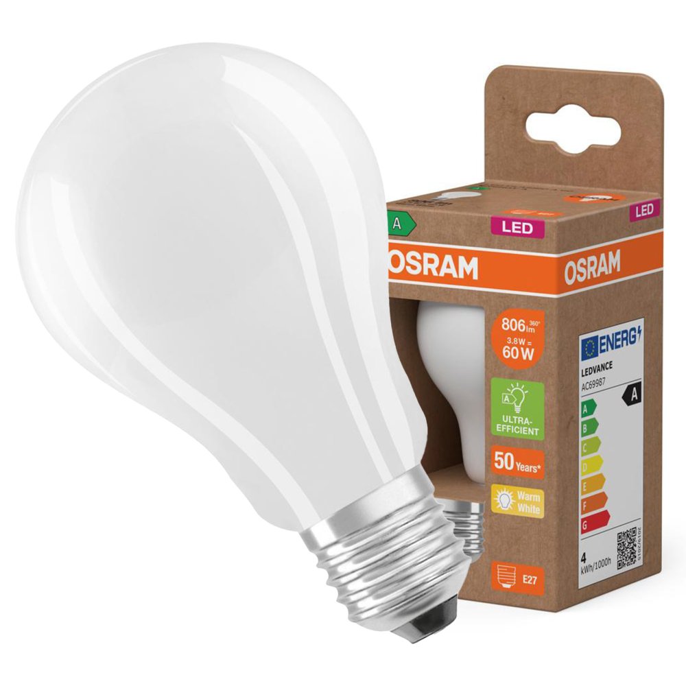 LED žiarovka A60 E27 3,8W = 60W 806lm 2700K Warm 300° Filament CLASSIC ENERGETICKÁ ÚSPORNOSŤ Osram