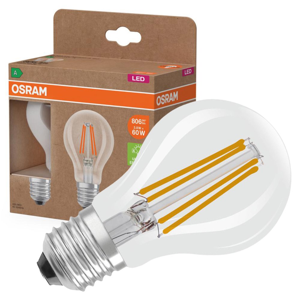 2x LED žiarovka A60 E27 3,8W = 60W 806lm 2700K Warm 300° Filament CLASSIC ENERGETIC EFFICIENCY Osram