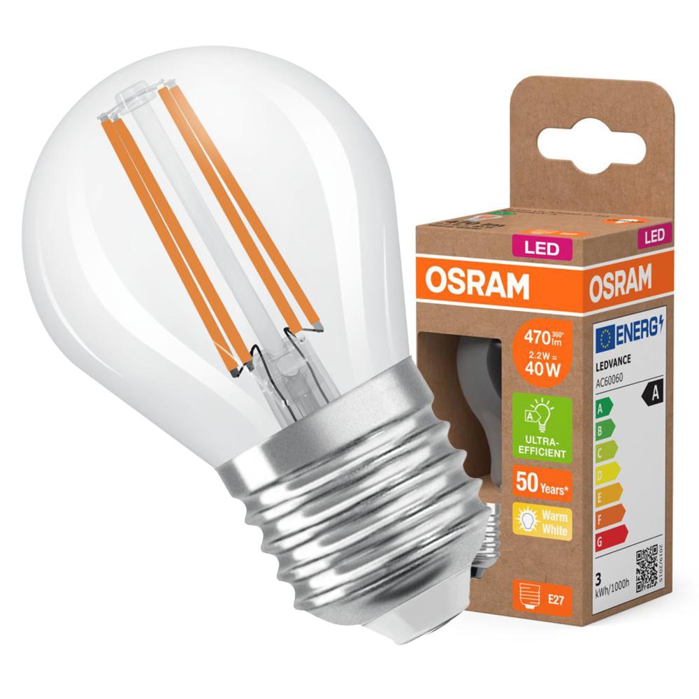 LED žiarovka P45 Ball E27 2,2W = 40W 470lm 2700K Warm 320° 214lm/W CLASSIC ENERGETICKÁ ÚSPORNOSŤ Osram
