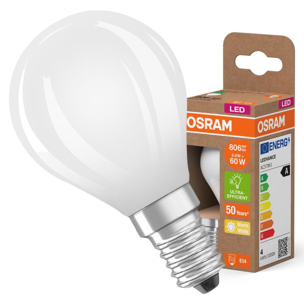LED žiarovka P45 Ball E14 3,8W = 60W 806lm 2700K Warm 330° 213lm/W CLASSIC ENERGETICKÁ ÚSPORNOSŤ Osram