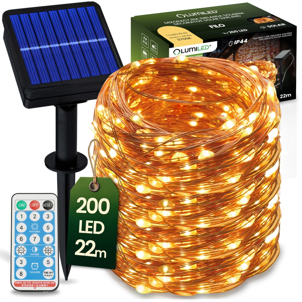 Solárne záhradné girlandy 200 LED 22m 2700K Teplá biela LUMILED