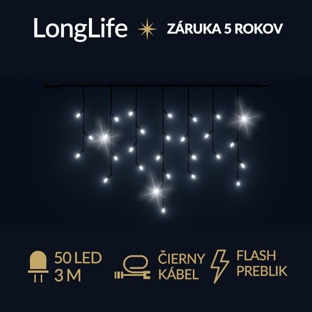 LongLife spojovateľná led svetelná záclona vonkajšia flash - 50led - 3m studená biela / flash prebliknutie studená biela