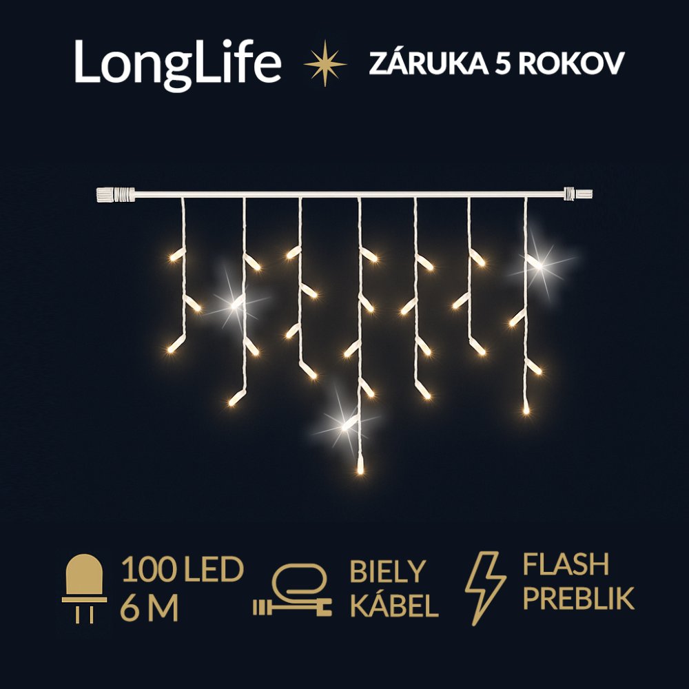 LongLife led svetelná záclona vonkajšia flash - 100led - 6m teplá biela / flash prebliknutie studená biela - biely kábel