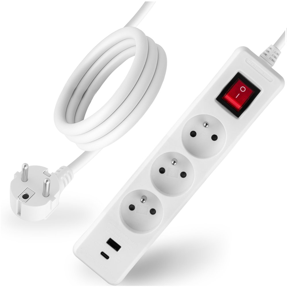 E-shop Sieťový predlžovací kábel s uzemnením napájacia lišta 3 zásuvky 1.5m vypínač ON/OFF biely USB + USB-C šnúra ELGER Lumiled