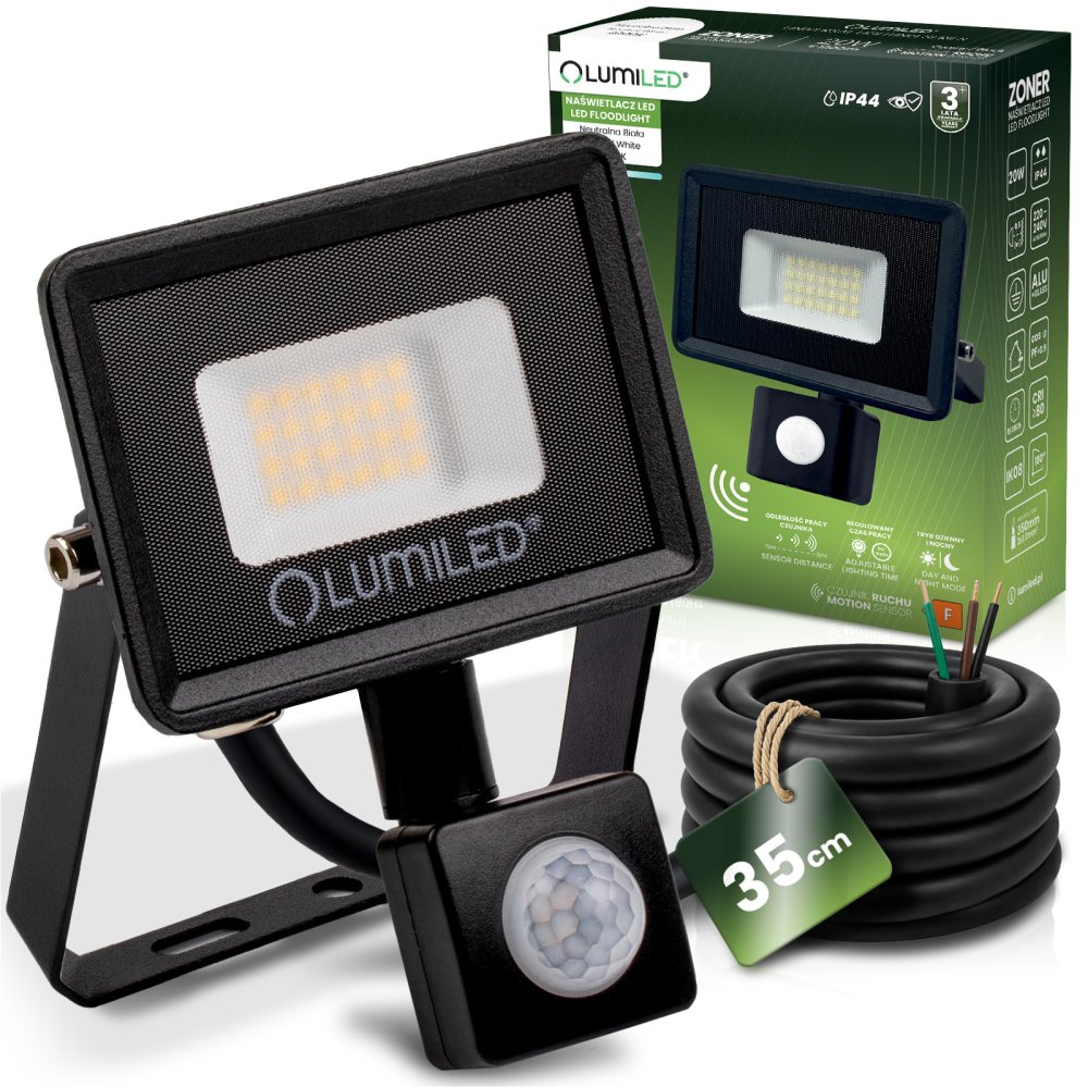 E-shop LED reflektor ZONER 20W 1800lm 4000K IP44 čierny so senzorom pohybu LUMILED