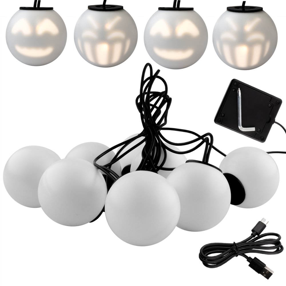 E-shop Vianočná girlanda 8x LED na batérie dekoratívni snehuliaci duchovia 4,33 m hrajúci biely +USB C