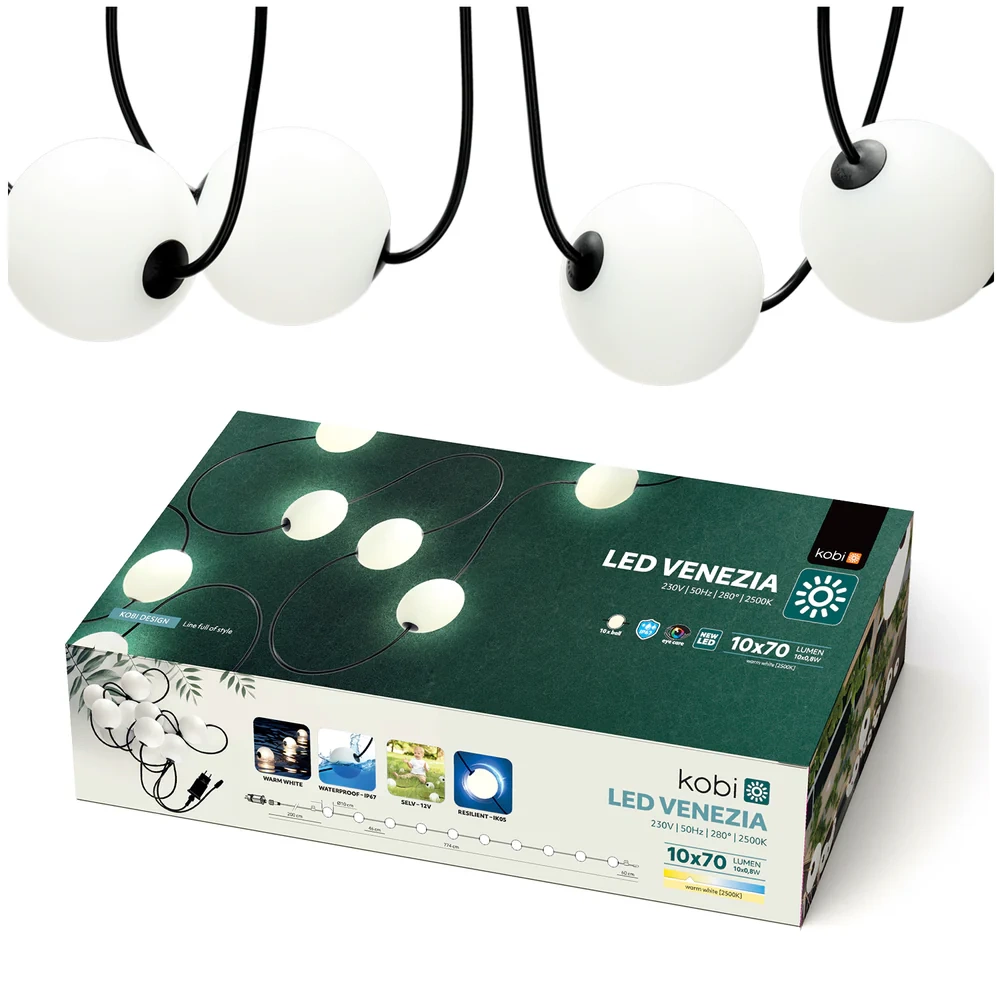 Vonkajšia voda Girland Vonkajšie osvetlenie reťaze pre bazén rybník 7,74 m 10x LED guľa 10W 2500K Kobi