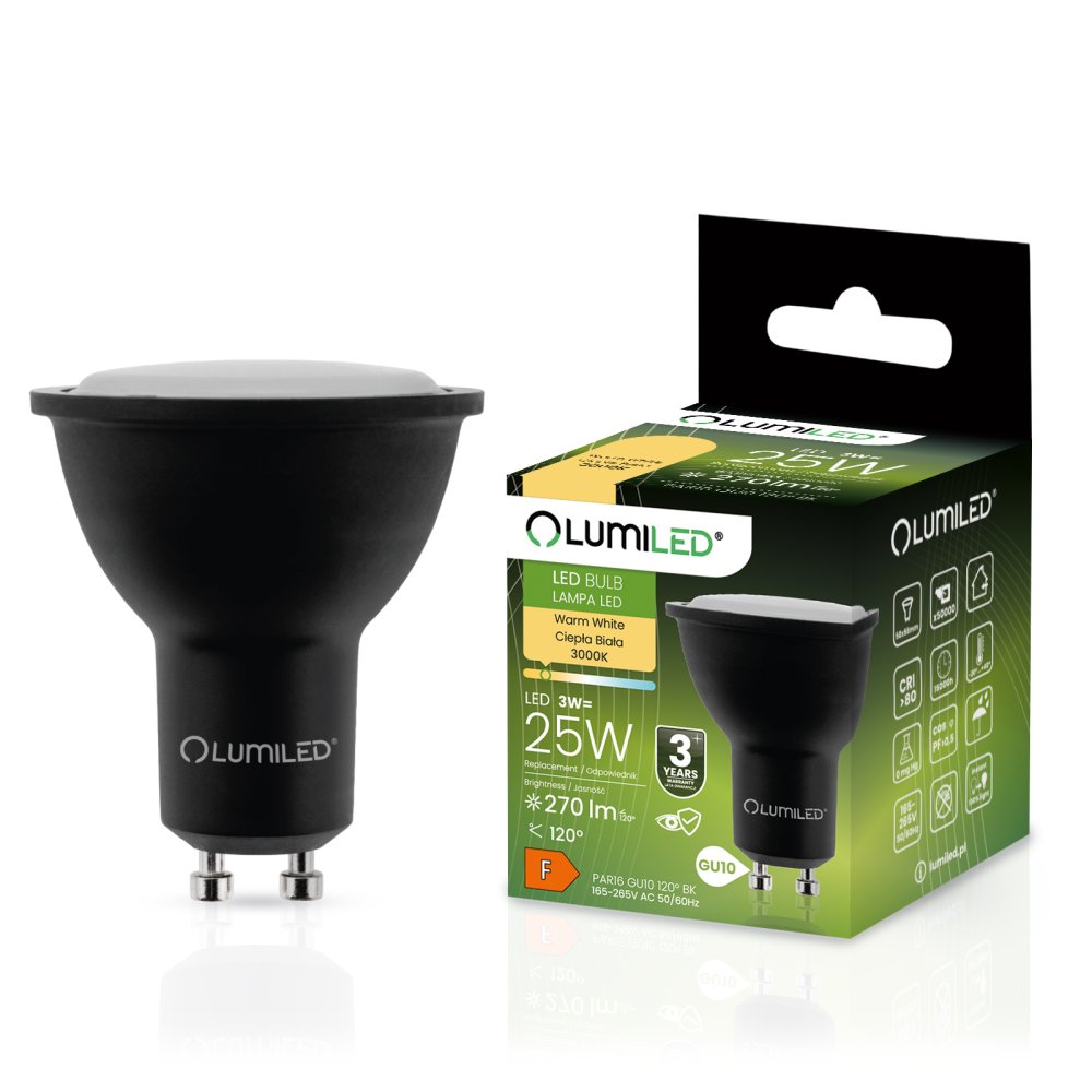 LED žiarovka GU10 3W = 25W 270lm 3000K Warm 120° Black LUMILED
