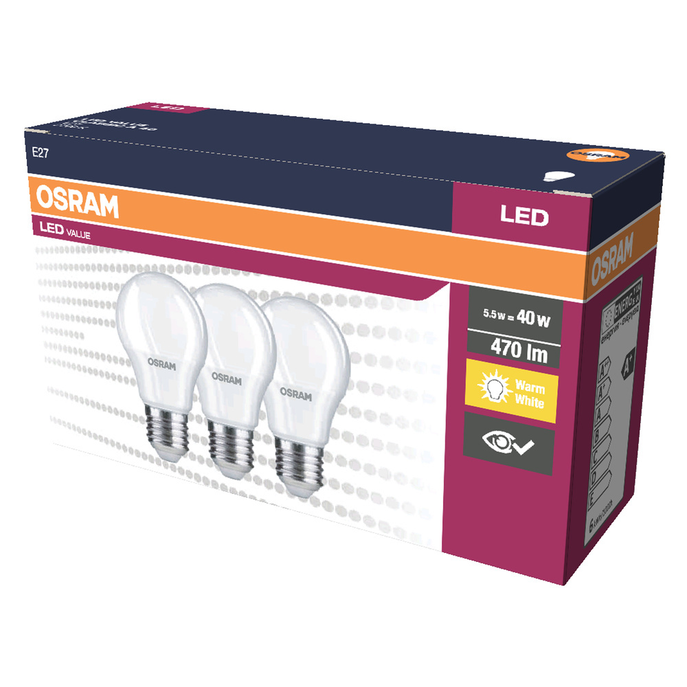 3PAK LED žiarovka E27 A60 4,9W = 40W 470lm 2700K Warm 200° OSRAM Value